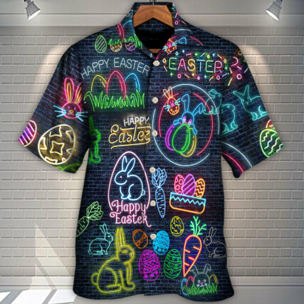 Easter Is Coming Rabbit Neon Style In Black - Hawaiian Shirt - Owl Ohh - Owl Ohh