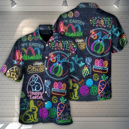 Easter Is Coming Rabbit Neon Style In Black - Hawaiian Shirt - Owl Ohh - Owl Ohh