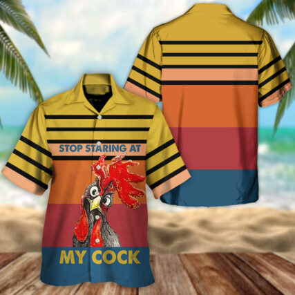 Chicken Rooster Stop Staring At My Cock Horizontal Stripes - Hawaiian Shirt - Owl Ohh-Owl Ohh