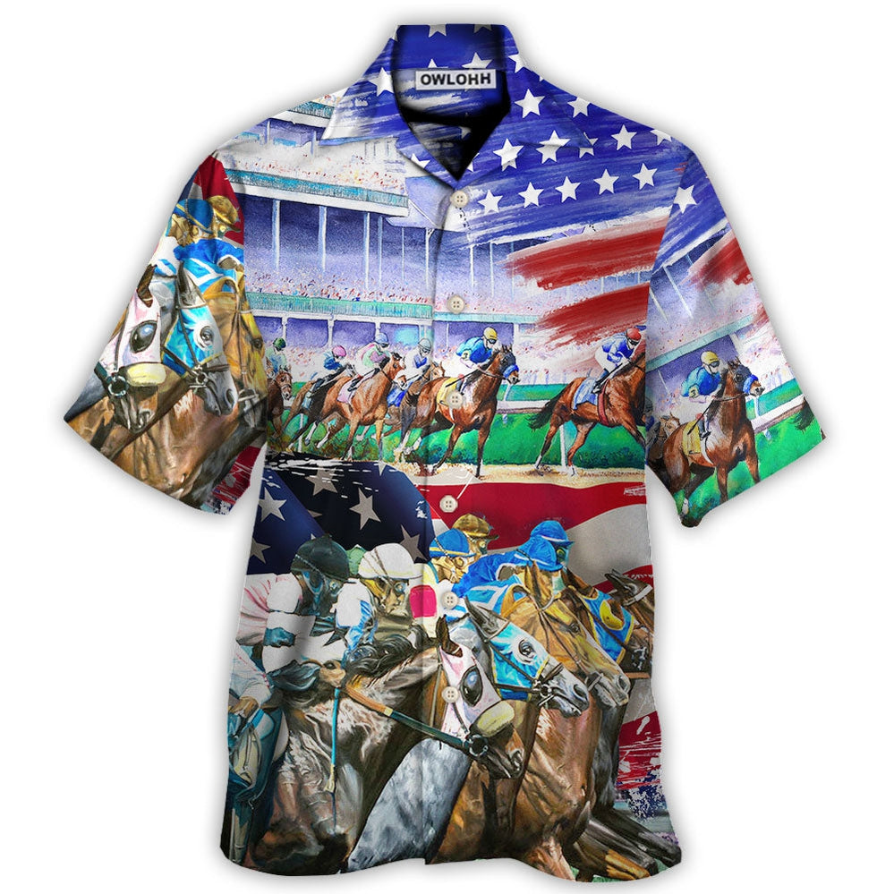 Horse USA Flag Horse Racing Amazing Seat Lover - Hawaiian Shirt - Owl Ohh for men and women, kids - Owl Ohh