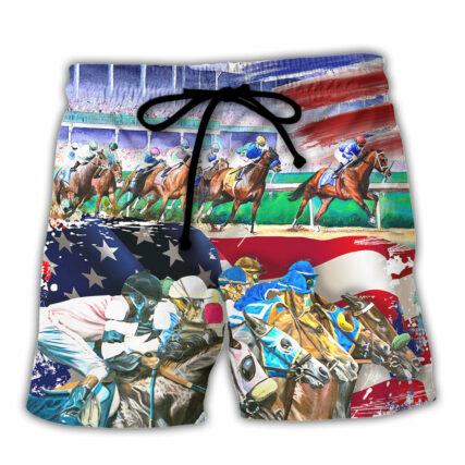 Horse USA Flag Horse Racing Amazing Seat Lover Art Style - Beach Short - Owl Ohh - Owl Ohh