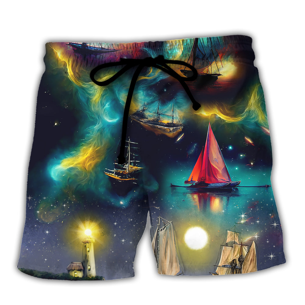 Sailing Travel In Space On An Old Sailing Ship - Beach Short