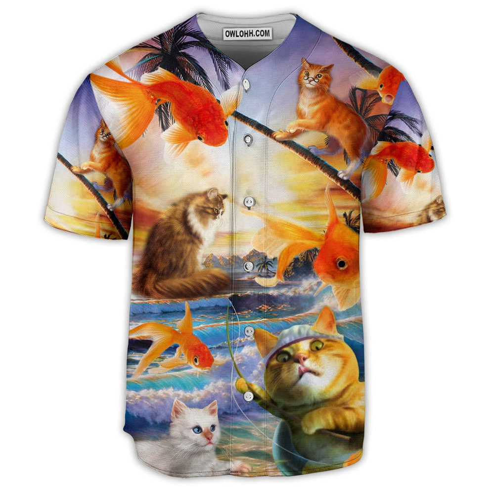 Fishing Fish And Cat On The Beach - Baseball Jersey - Owl Ohh