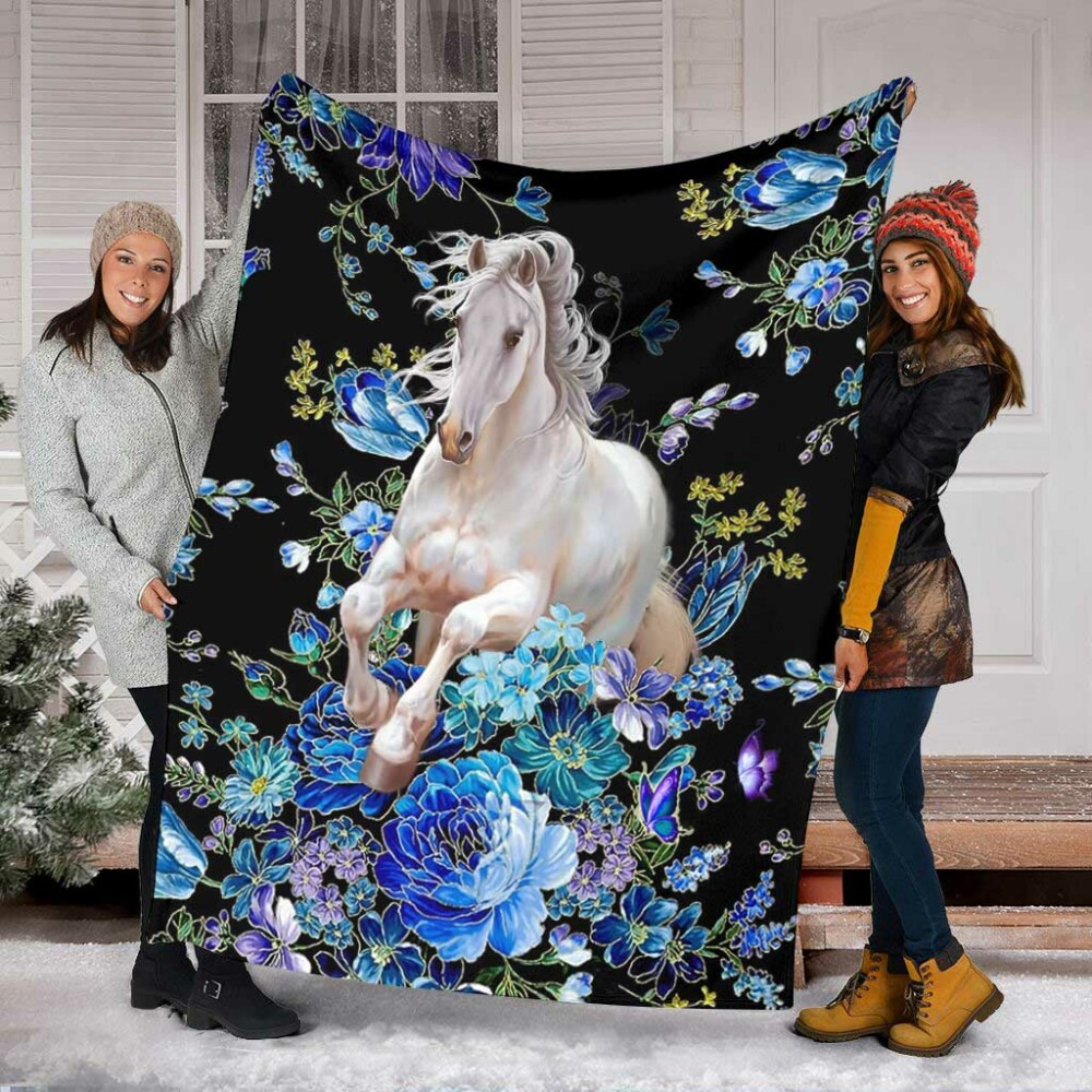 Horse Blue And White Floral - Flannel Blanket - Owl Ohh - Owl Ohh