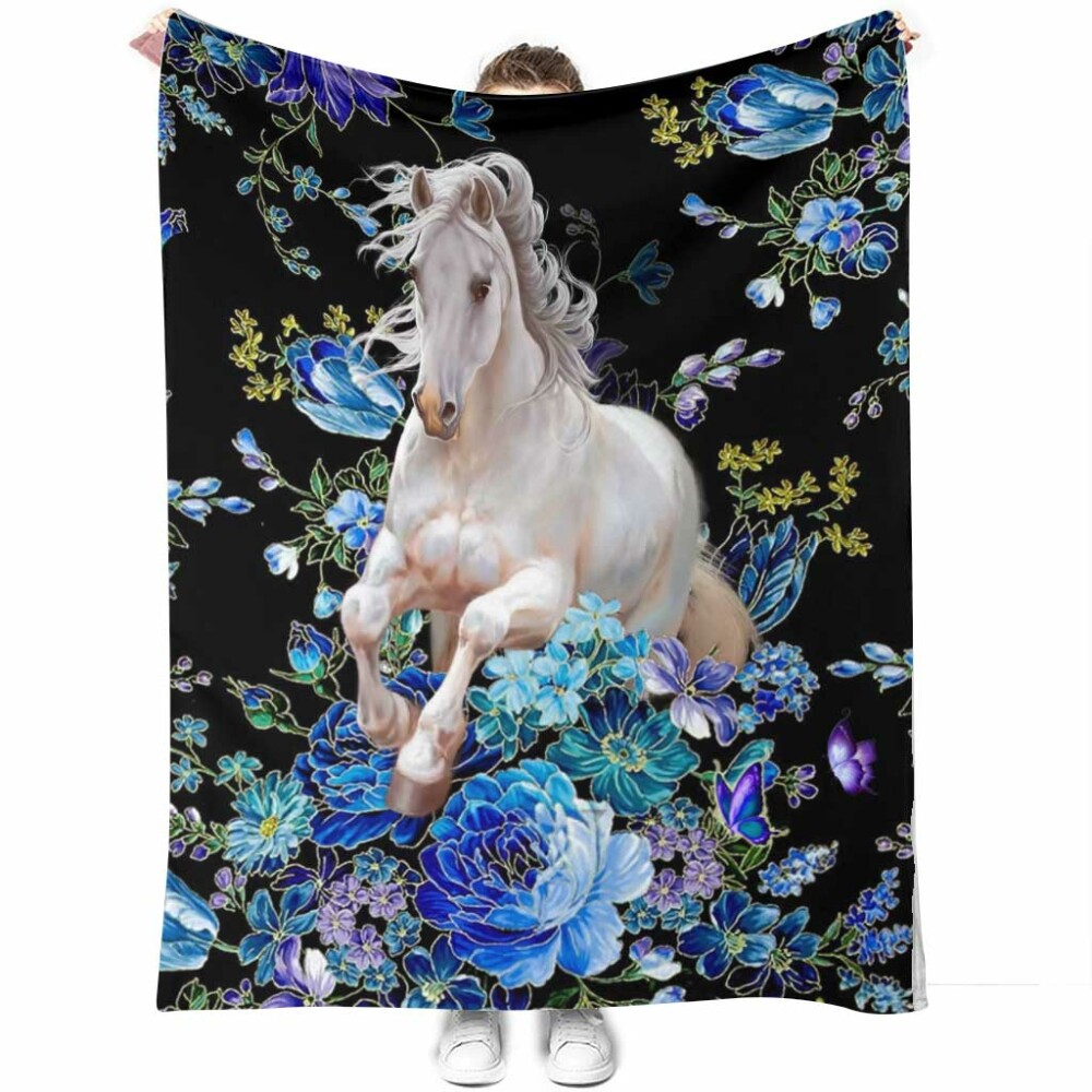 Horse Blue And White Floral - Flannel Blanket - Owl Ohh - Owl Ohh