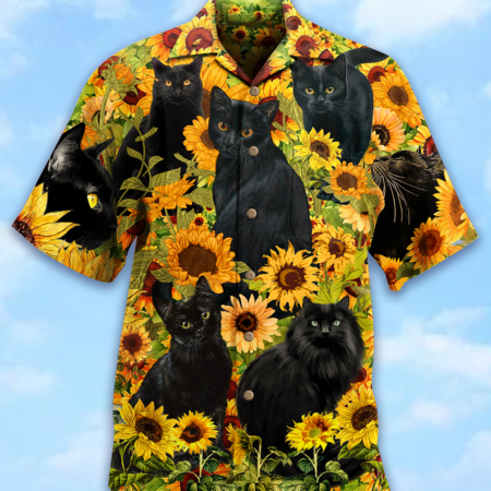 Black Cat Love Sunflower - Hawaiian Shirt - Owl Ohh - Owl Ohh