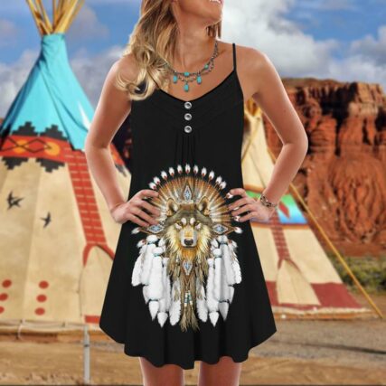 Native Wolf And Black Peaceful Vibes - Summer Dress - Owl Ohh - Owl Ohh