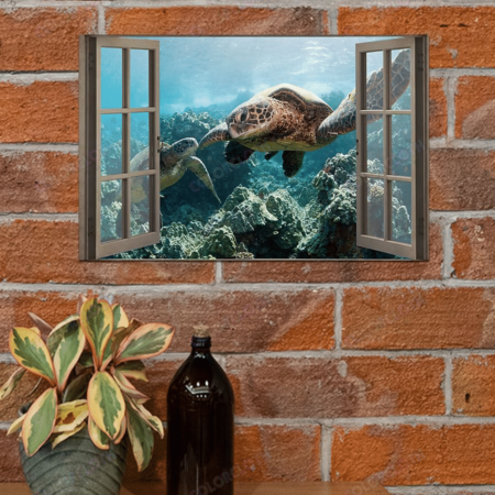 Turtle Window View Blue Sea - Horizontal Poster - Owl Ohh - Owl Ohh