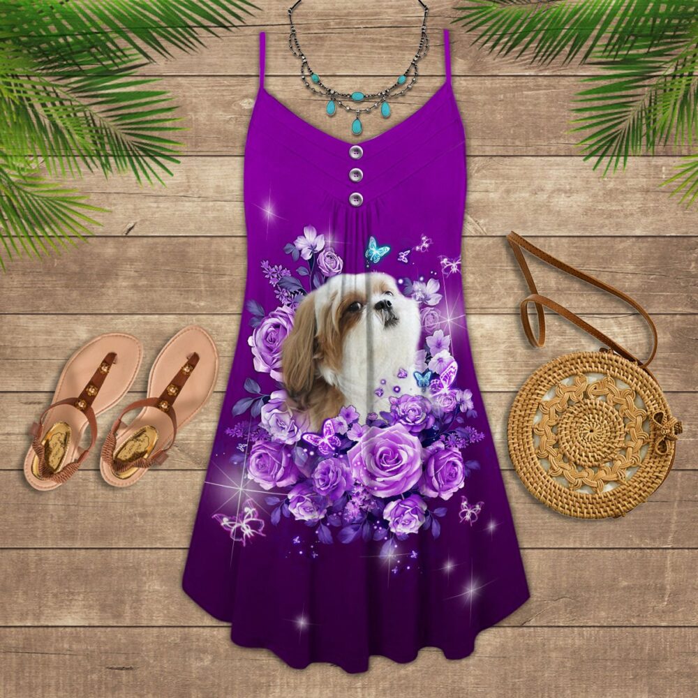 Dog And Purple Rose Butterfly Shih Tzu - Summer Dress - Owl Ohh - Owl Ohh