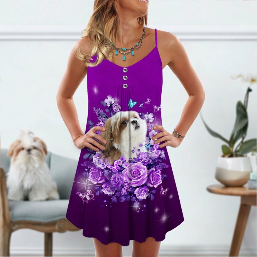 Dog And Purple Rose Butterfly Shih Tzu - Summer Dress - Owl Ohh - Owl Ohh
