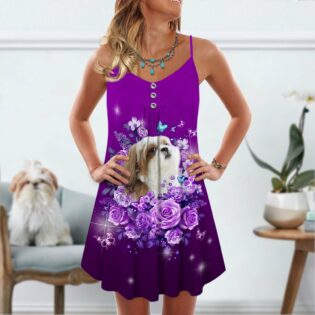 Dog And Purple Rose Butterfly Shih Tzu - Summer Dress - Owl Ohh - Owl Ohh