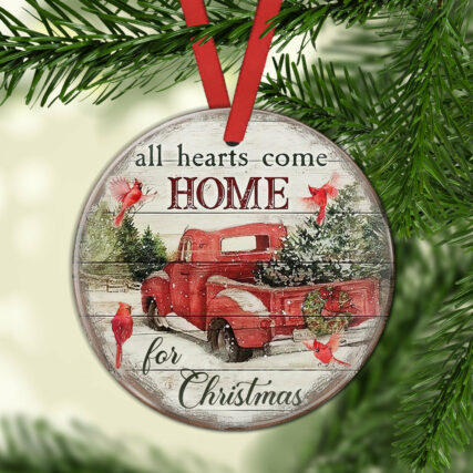 Red Truck Cardinal All Hearts Come Home For Christmas - Circle Ornament - Owl Ohh - Owl Ohh