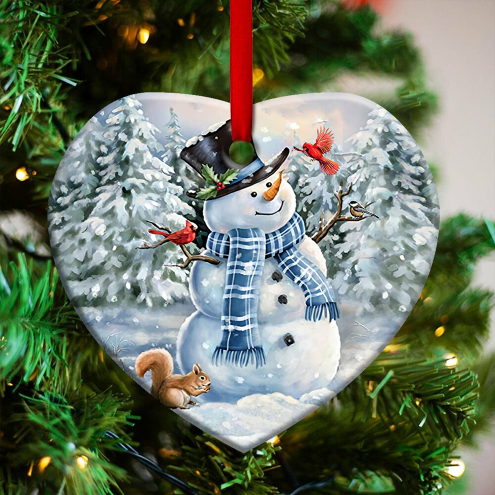 Snowman Play With Birds - Heart Ornament - Owl Ohh - Owl Ohh