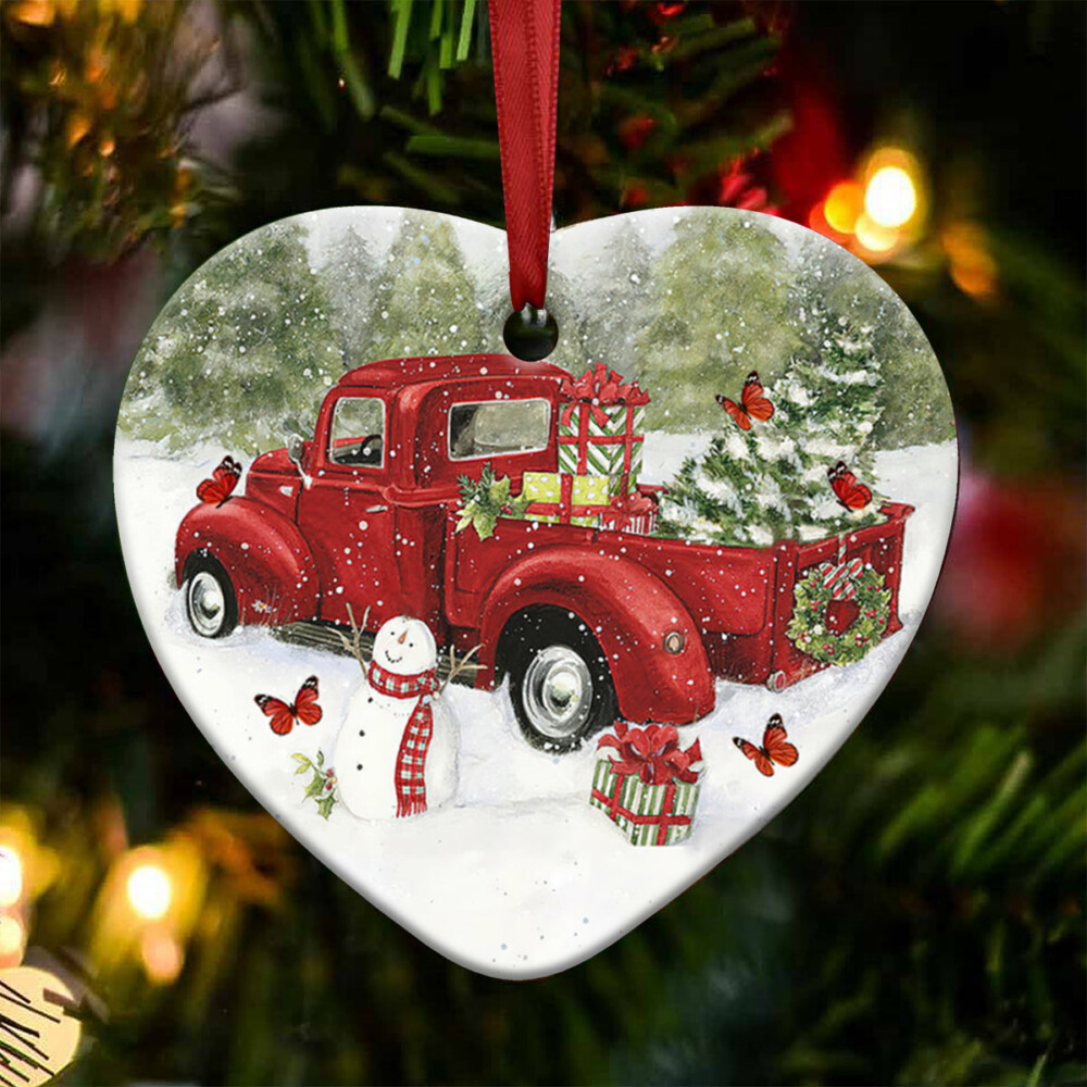 Red Truck Memory Butterfly Christmas - Heart Ornament - Owl Ohh - Owl Ohh