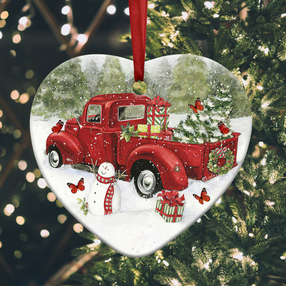 Red Truck Memory Butterfly Christmas - Heart Ornament - Owl Ohh - Owl Ohh