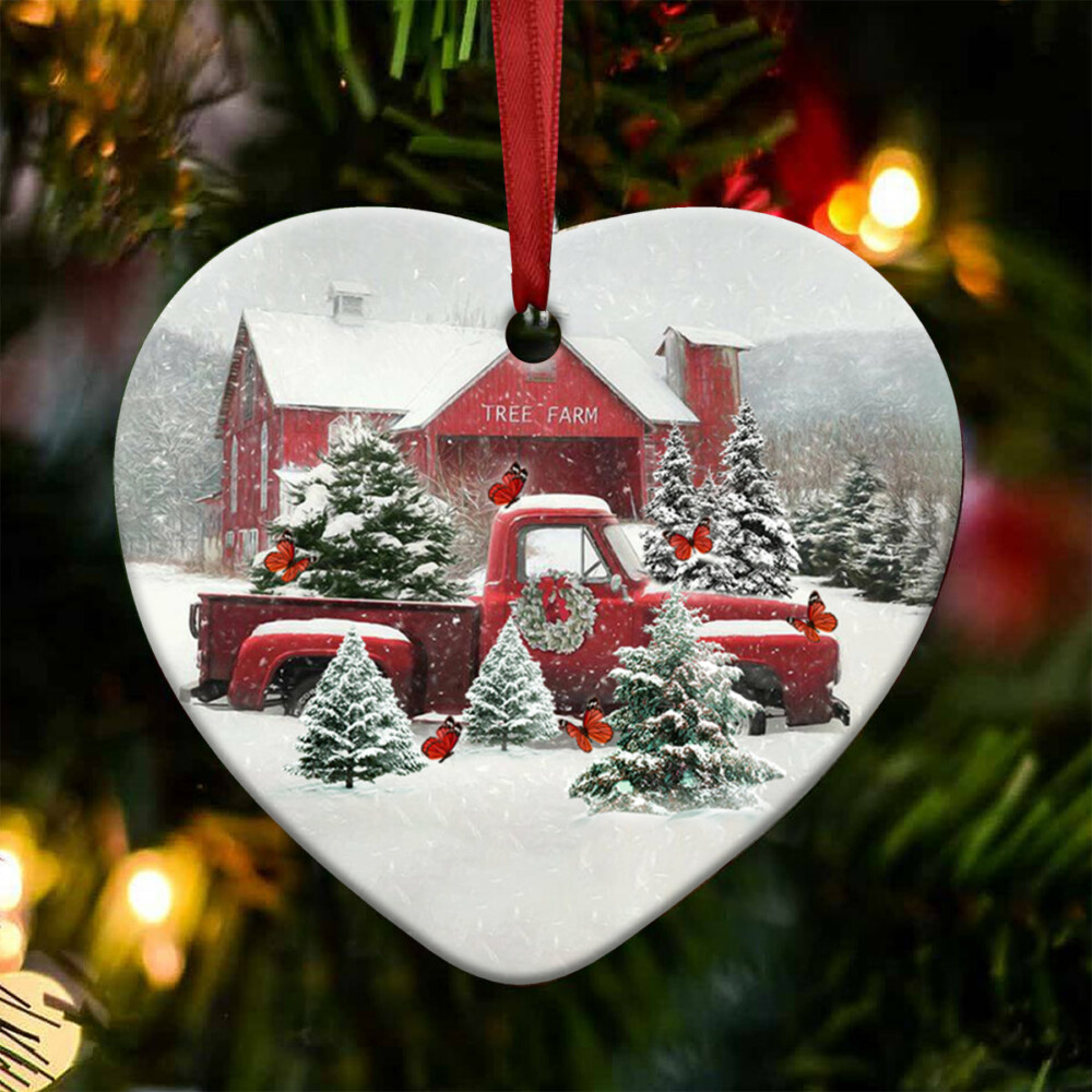 Butterfly Red Truck Snow Christmas - Heart Ornament - Owl Ohh - Owl Ohh