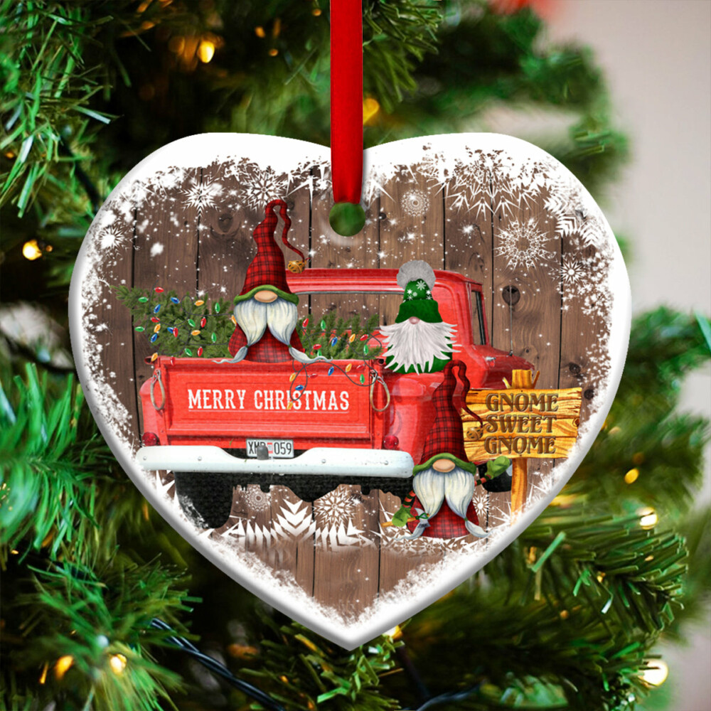 Gnome Red Truck Christmas - Heart Ornament - Owl Ohh - Owl Ohh