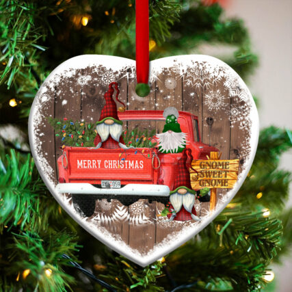 Gnome Red Truck Christmas - Heart Ornament - Owl Ohh - Owl Ohh