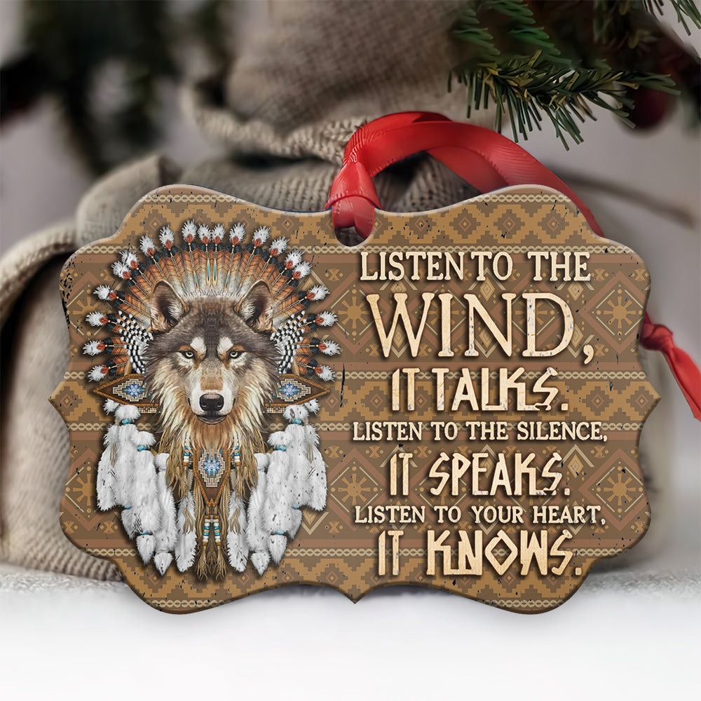 Native Wolf Native American Listen To The Wind - Horizontal Ornament - Owl Ohh - Owl Ohh
