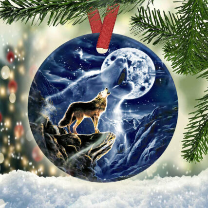 Wolf On The Mountain Moon - Circle Ornament - Owl Ohh - Owl Ohh