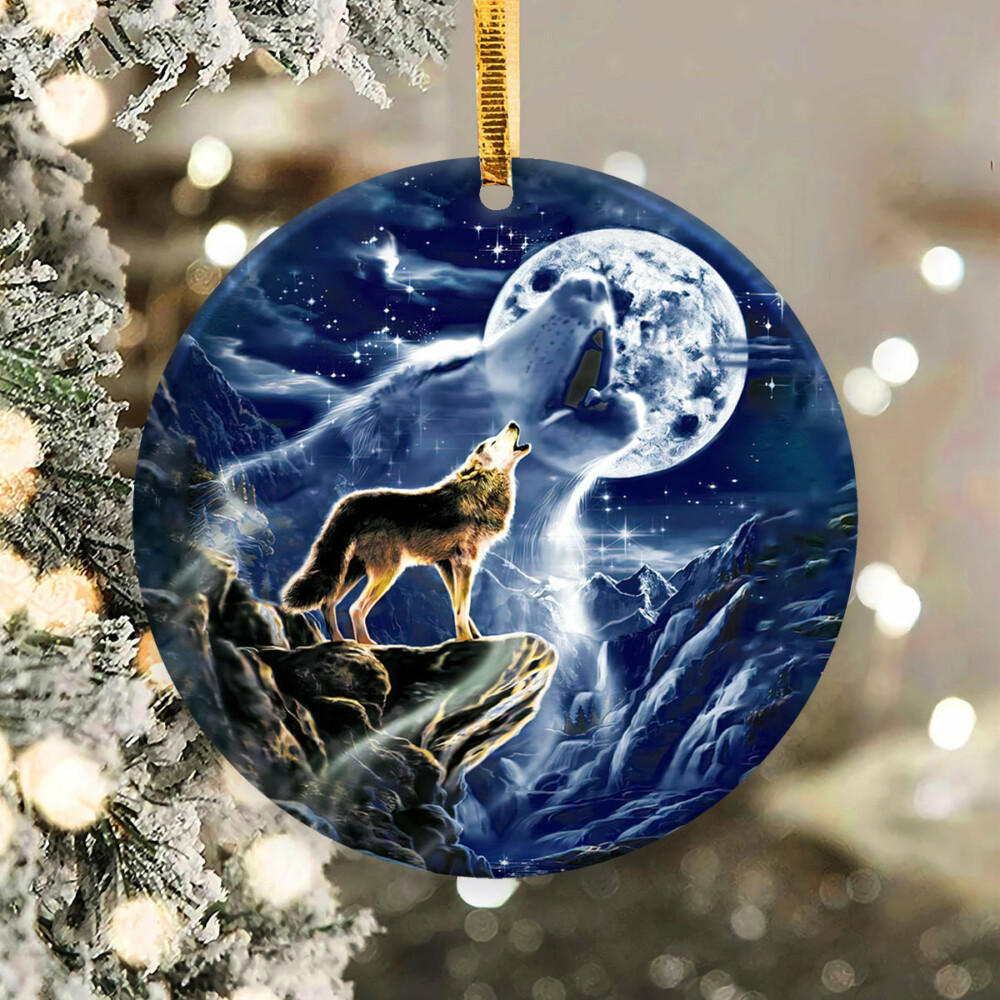 Wolf On The Mountain Moon - Circle Ornament - Owl Ohh - Owl Ohh