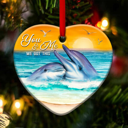 Dolphin Couple Sunset Wood Style - Heart Ornament - Owl Ohh - Owl Ohh