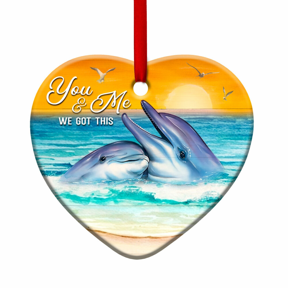 Dolphin Couple Sunset Wood Style - Heart Ornament - Owl Ohh - Owl Ohh