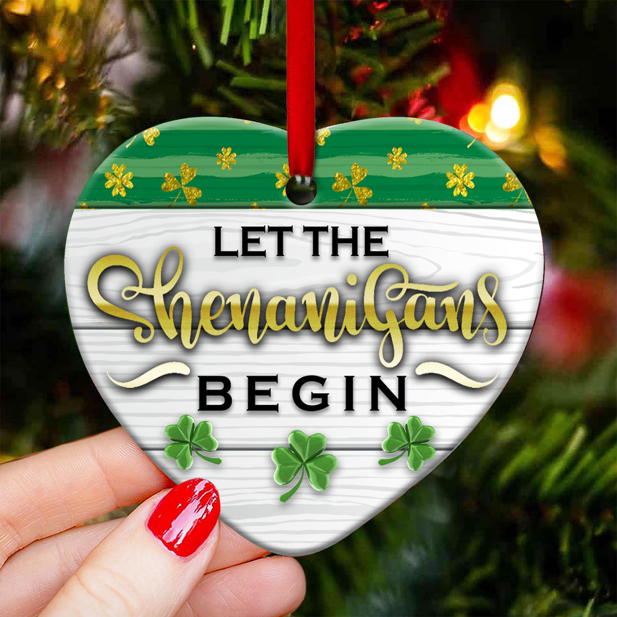 St Patricks Day Glitter Clover Let The Shenanigans Begin - Heart Ornament - Owl Ohh - Owl Ohh