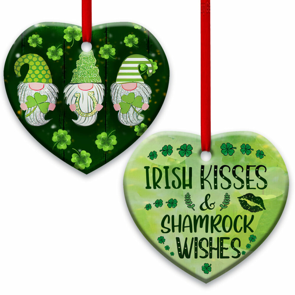 St. Patrick's Day Gnome Irish Kisses And Shamrock Wishes - Heart Ornament - Owl Ohh - Owl Ohh