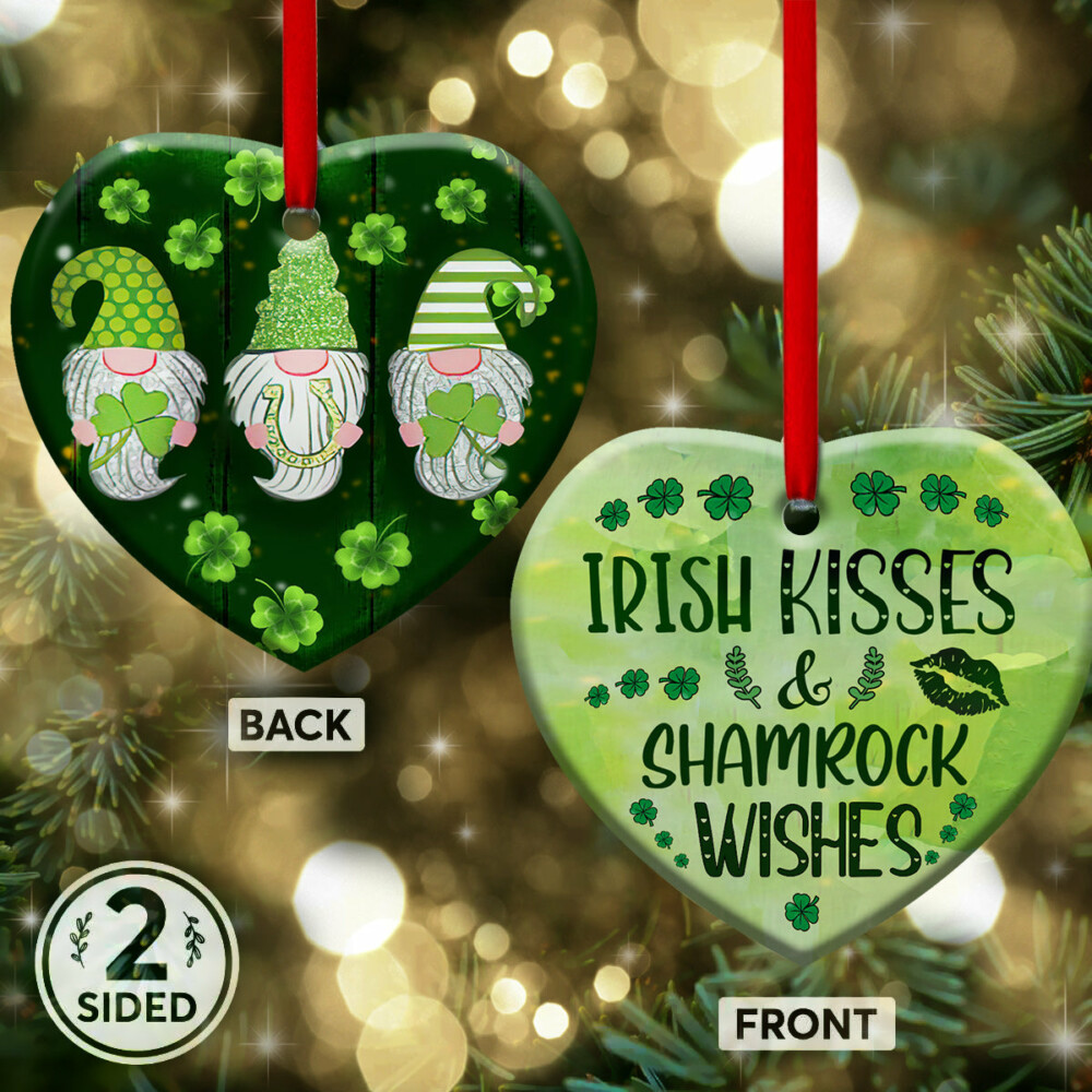 St. Patrick's Day Gnome Irish Kisses And Shamrock Wishes - Heart Ornament - Owl Ohh - Owl Ohh