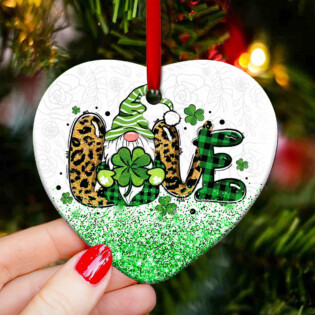 Patrick's Day Gnome With Clover Love - Heart Ornament - Owl Ohh - Owl Ohh