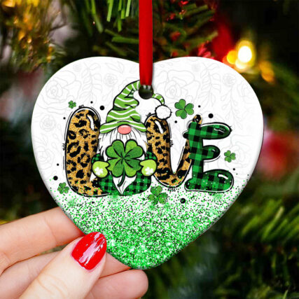 Patrick's Day Gnome With Clover Love - Heart Ornament - Owl Ohh - Owl Ohh