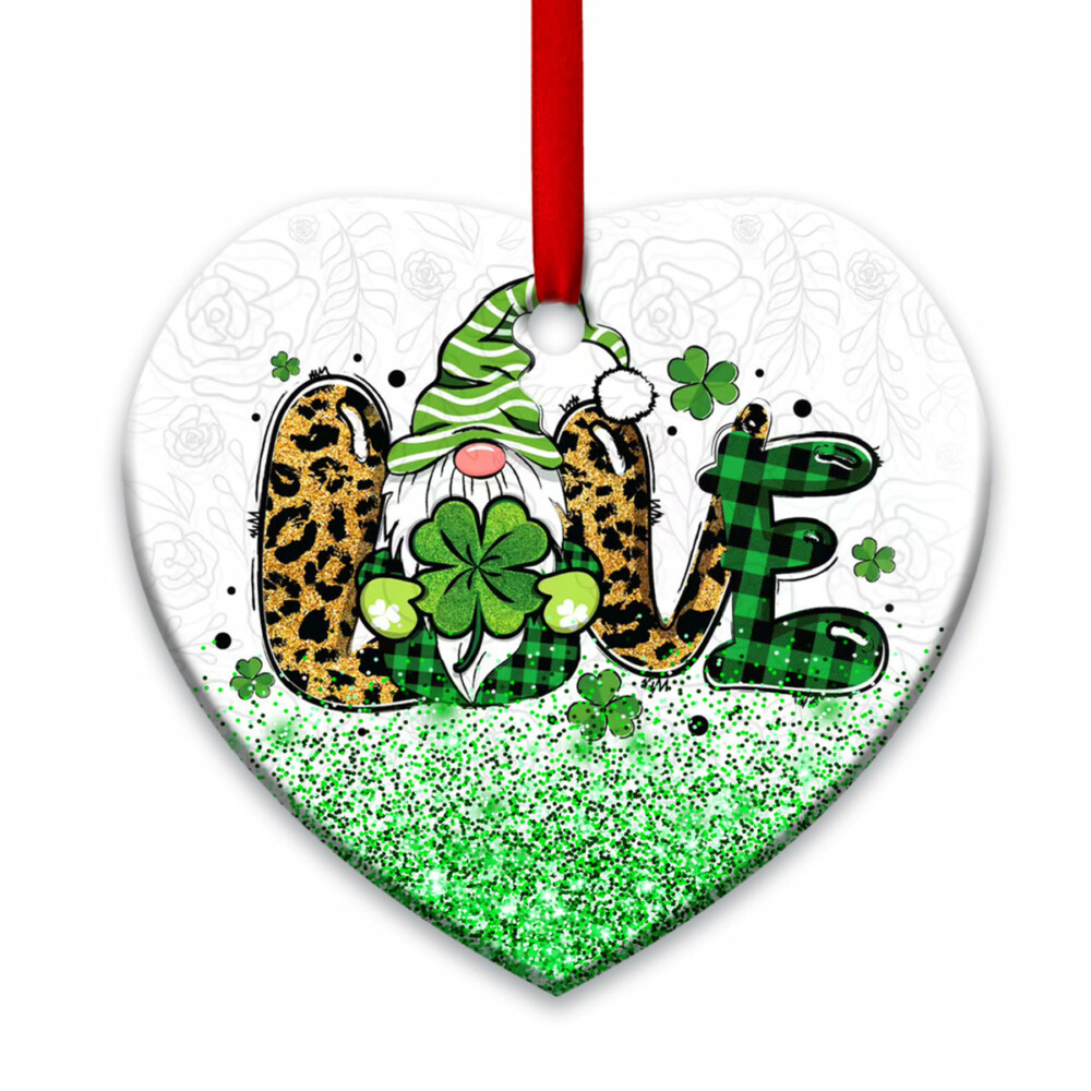 Patrick's Day Gnome With Clover Love - Heart Ornament - Owl Ohh - Owl Ohh