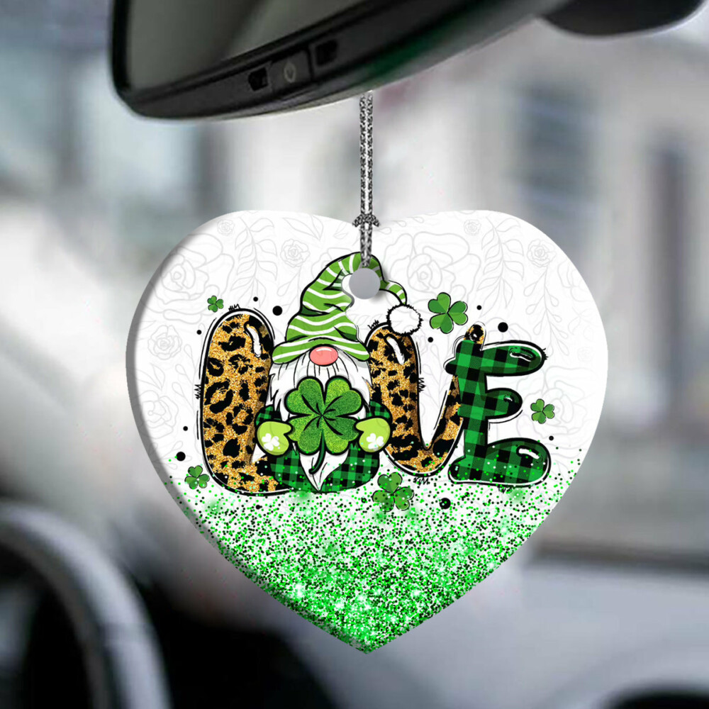 Patrick's Day Gnome With Clover Love - Heart Ornament - Owl Ohh - Owl Ohh