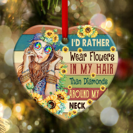 Hippie I'd Rather Wear Flowers - Heart Ornament - Owl Ohh - Owl Ohh