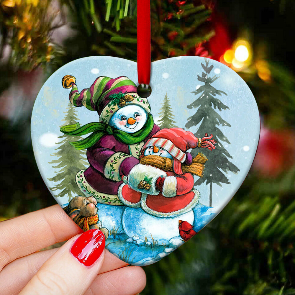 Snowman Grandmother And Granddaughter Side By Side - Heart Ornament - Owl Ohh - Owl Ohh