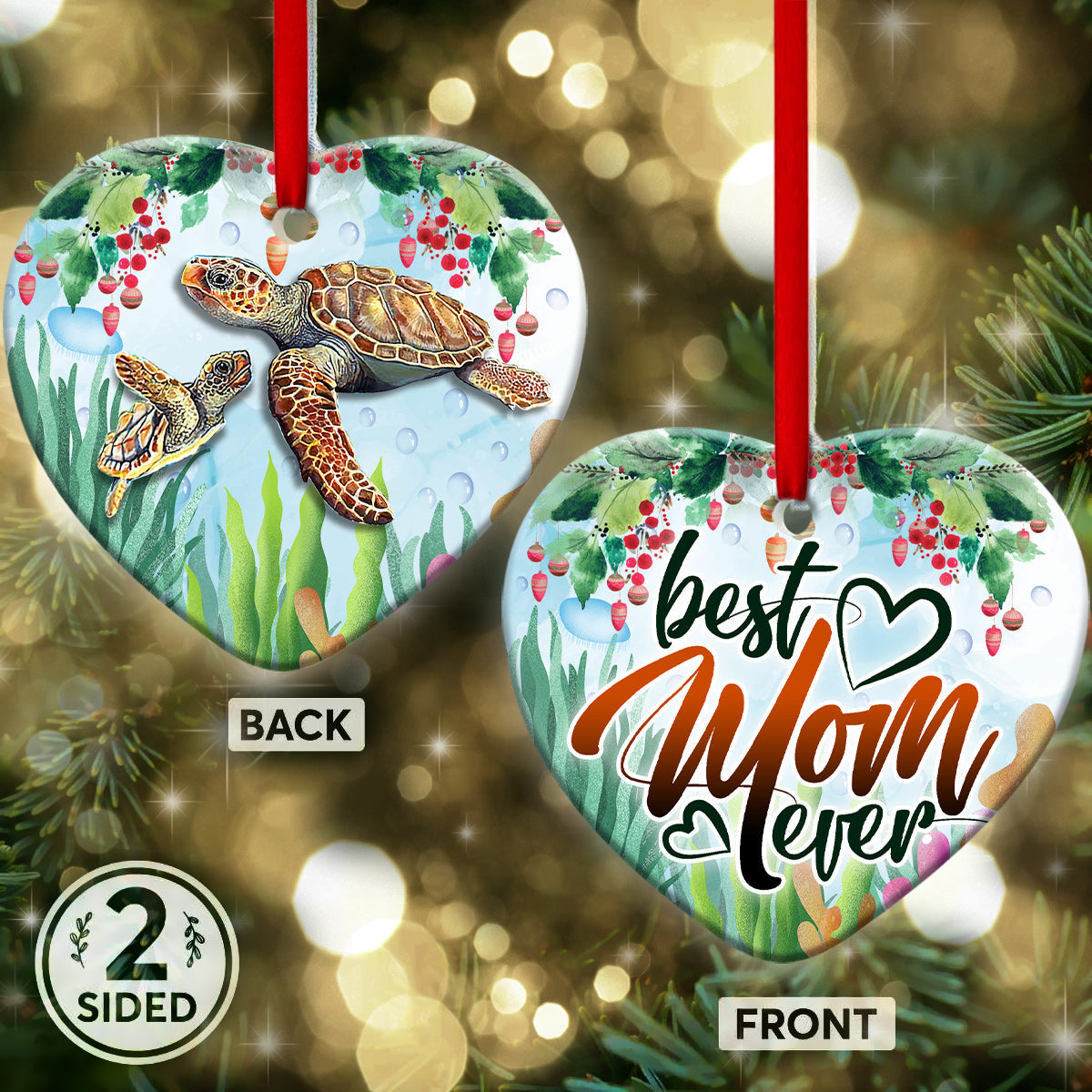 Turtle Best Mom Ever Floral - Heart Ornament - Owl Ohh - Owl Ohh