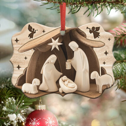 Jesus Nativity Wooden Style - Horizontal Ornament - Owl Ohh - Owl Ohh