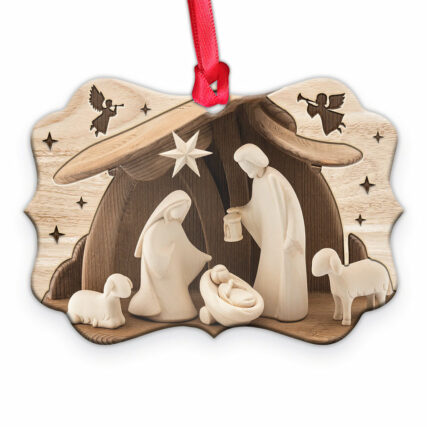 Jesus Nativity Wooden Style - Horizontal Ornament - Owl Ohh - Owl Ohh