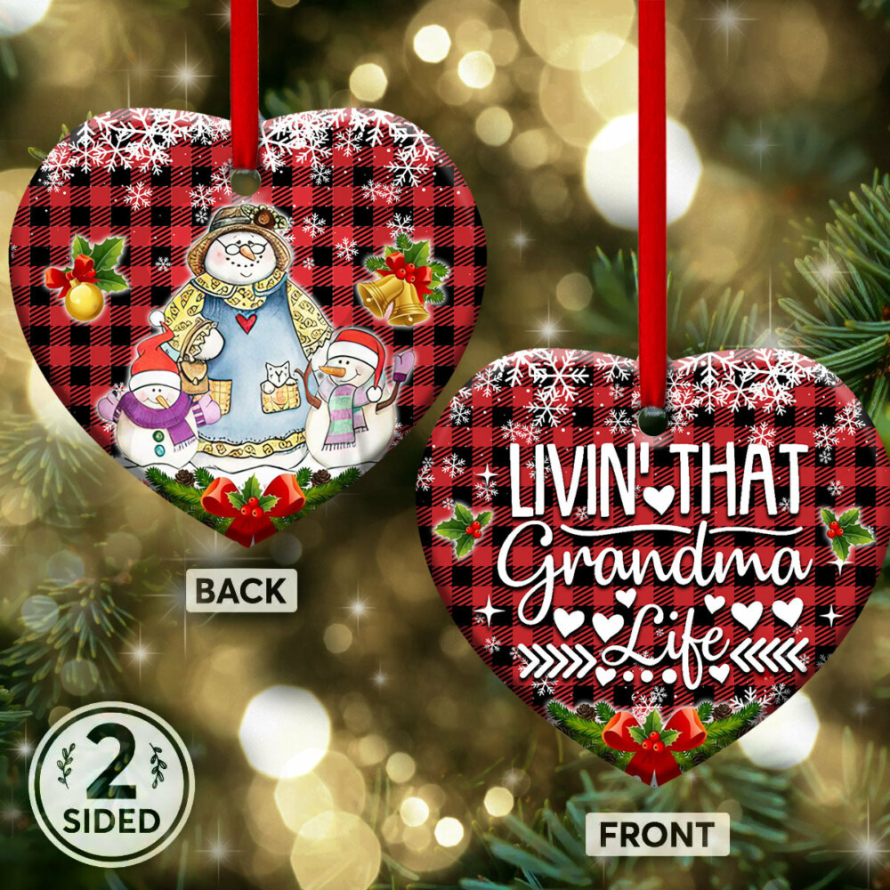 Family Snowman With Two Children Living That Grandma Life - Heart Ornament - Owl Ohh - Owl Ohh