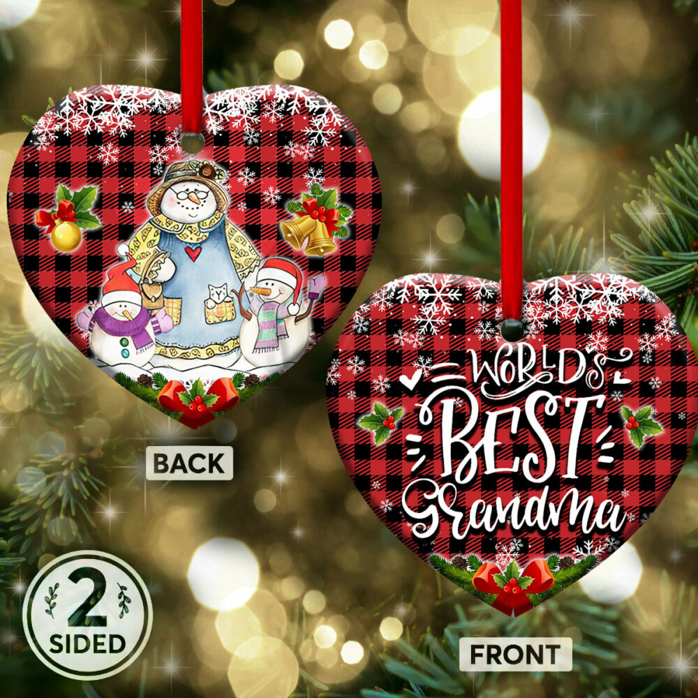 Family Snowman World Best Grandma With Two Grandkids - Heart Ornament - Owl Ohh - Owl Ohh