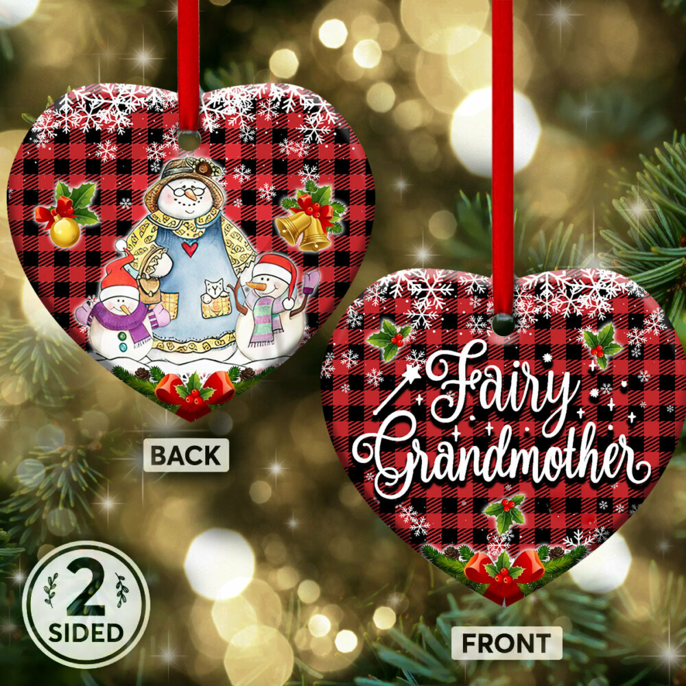 Family Snowman Fairy Grandmother With Two Grandkids - Heart Ornament - Owl Ohh - Owl Ohh