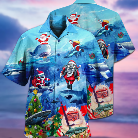 Shark Love Santa Blue Sea - Hawaiian Shirt - Owl Ohh - Owl Ohh