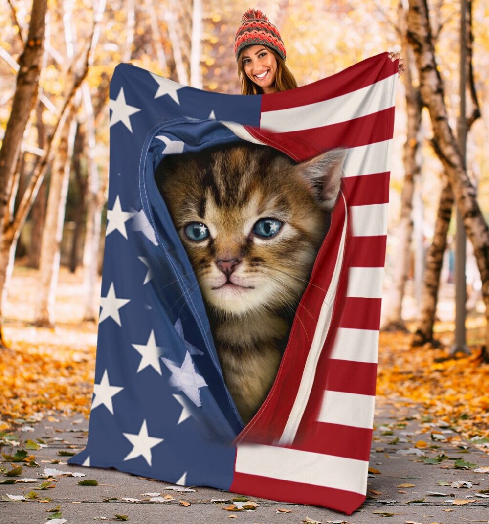 Cat Kitten Opened American Flag Independence Day Cat - Flannel Blanket - Owl Ohh - Owl Ohh