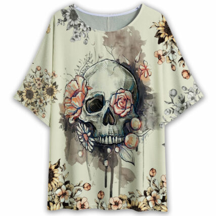 Skull Vintage Flower Style - Women's T-shirt With Bat Sleeve - Owl Ohh - Owl Ohh