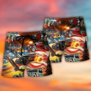 Hot Rod Independence Day American Flag - Beach Short - Owl Ohh - Owl Ohh