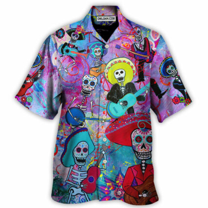 Guitar Day Of The Dead Sugar Skull - Hawaiian Shirt - Owl Ohh - Owl Ohh