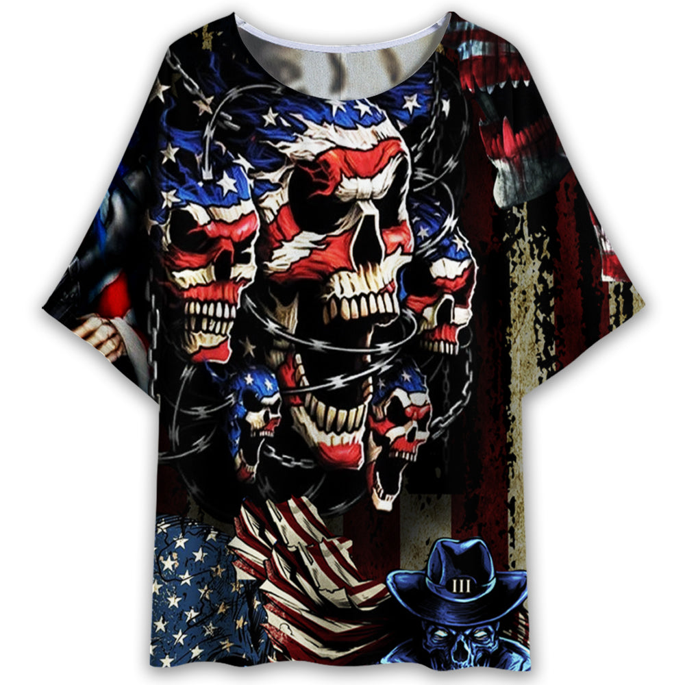 Skull America Flag Vintage - Women's T-shirt With Bat Sleeve - Owl Ohh - Owl Ohh