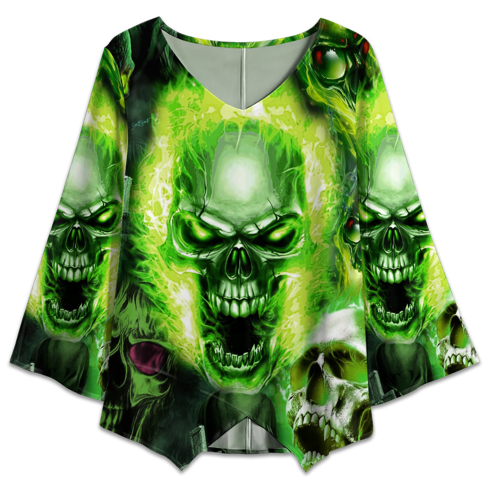 Skull Green Fear No Man - V-neck T-shirt - Owl Ohh - Owl Ohh
