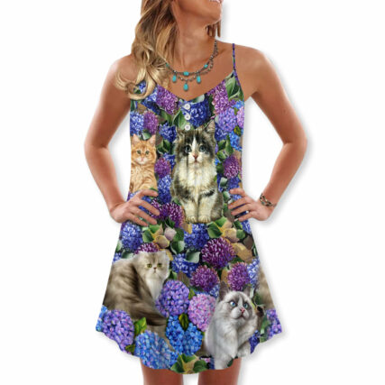 Cat Lovely And Purple Flowers - V-neck Sleeveless Cami Dress - Owl Ohh - Owl Ohh